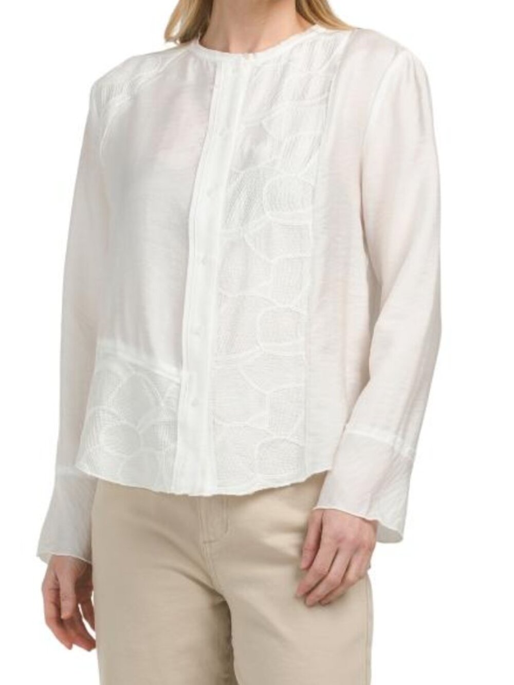 ELIE TAHARI Long Sleeve Drop Shoulder Novelty Embroidered Button Down Top